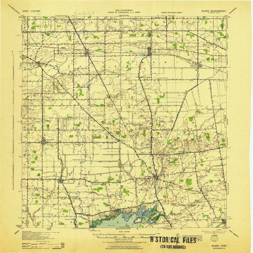 YellowMaps Alger OH topo map, 1:62500 Scale, 15 X 15 Minute, Historical, 1943, 20.9 x 16.5 in - Polypropylene