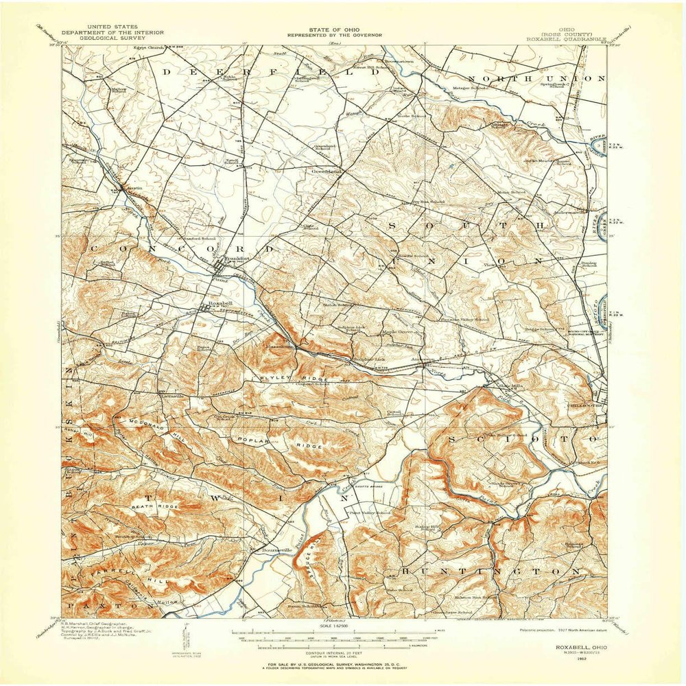 YellowMaps Roxabell OH topo map, 1:62500 Scale, 15 X 15 Minute, Historical, 1912, Updated 1958, 20.9 x 17.1 in - Polypropylene