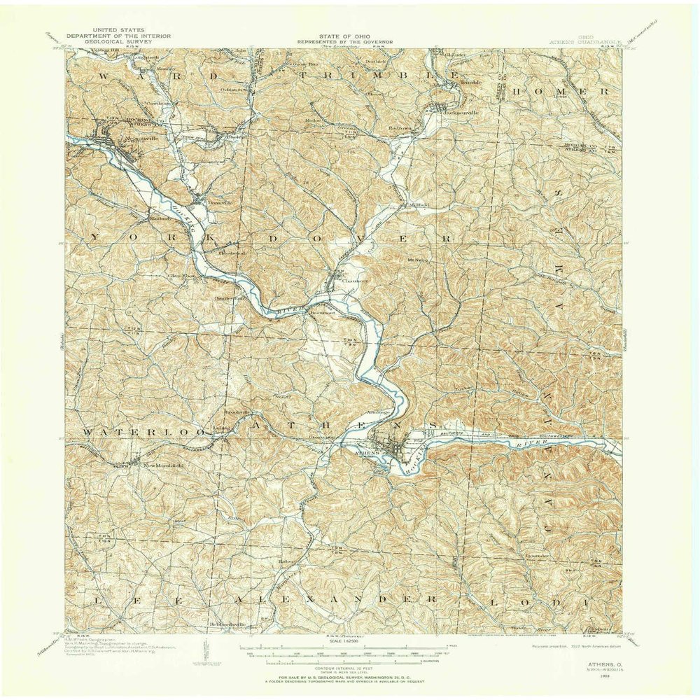 YellowMaps Athens OH topo map, 1:62500 Scale, 15 X 15 Minute, Historical, 1903, Updated 1958, 20.9 x 17 in - Polypropylene