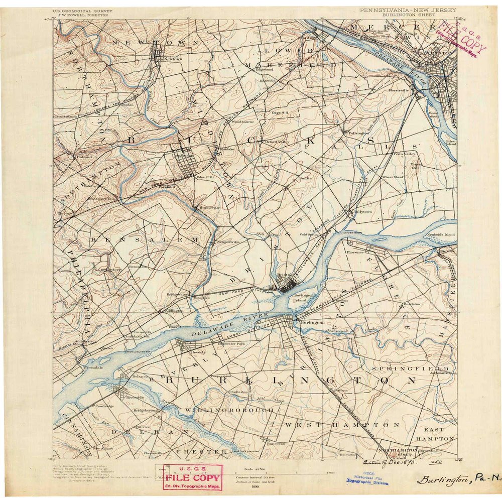 YellowMaps Burlington NJ topo map, 1:62500 Scale, 15 X 15 Minute, Historical, 1890, 19.9 x 16.5 in - Polypropylene