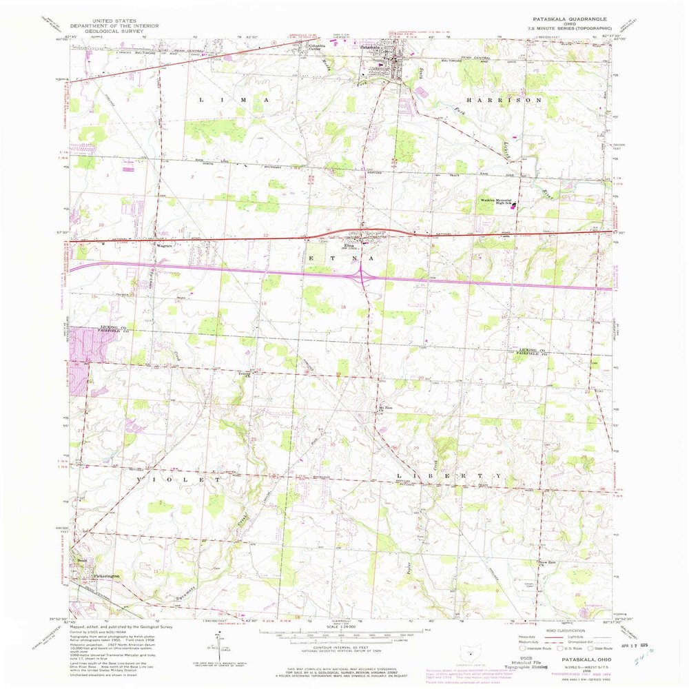 YellowMaps Pataskala OH topo map, 1:24000 Scale, 7.5 X 7.5 Minute, Historical, 1958, Updated 1975, 26.9 x 22.1 in - Polypropylene