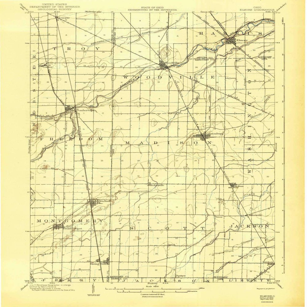 YellowMaps Elmore OH topo map, 1:62500 Scale, 15 X 15 Minute, Historical, 1903, Updated 1943, 19.9 x 16.5 in - Polypropylene
