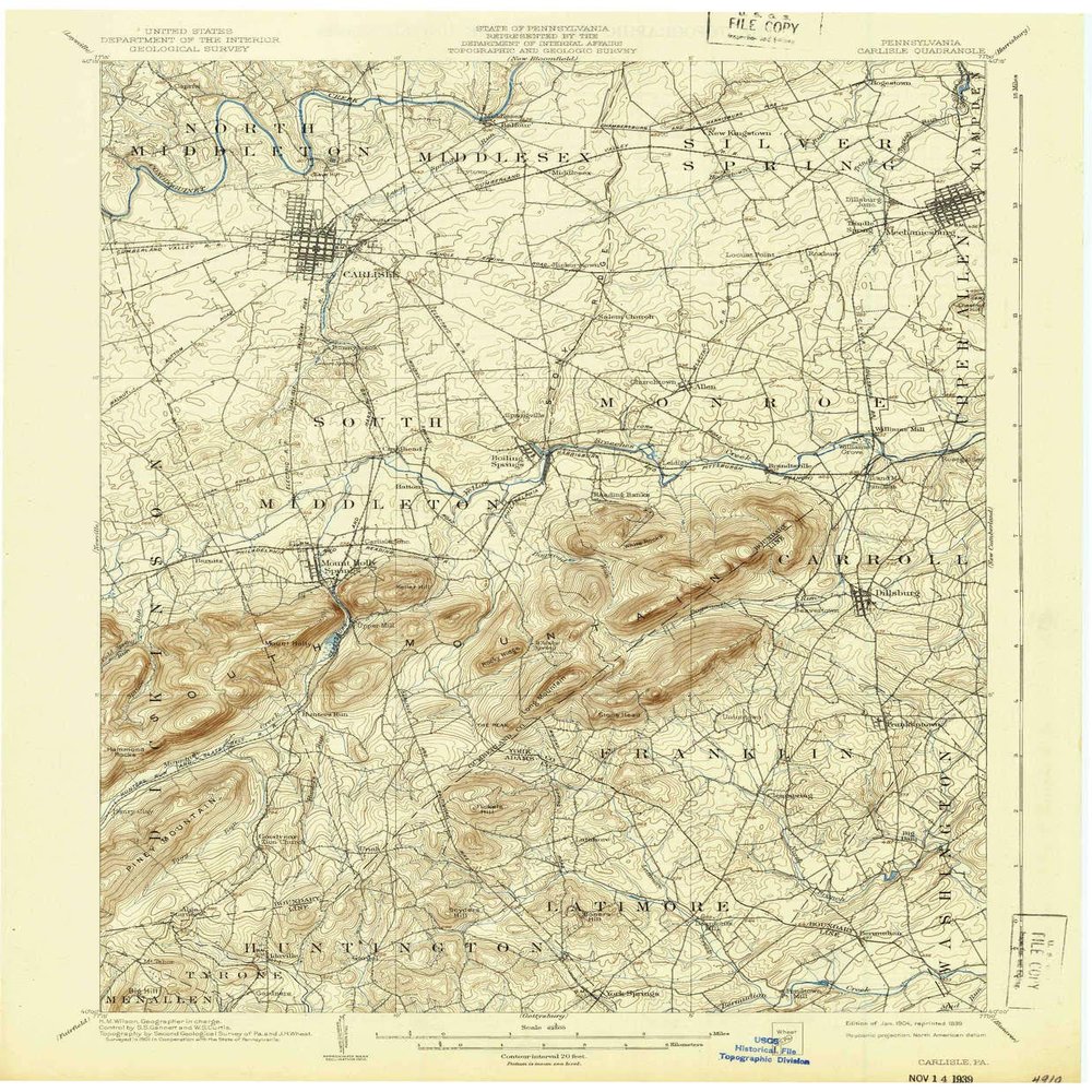 YellowMaps Carlisle PA topo map, 1:62500 Scale, 15 X 15 Minute, Historical, 1904, Updated 1939, 20 x 16.5 in - Polypropylene