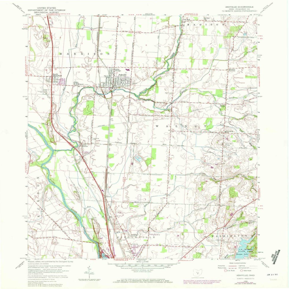 YellowMaps Ashville OH topo map, 1:24000 Scale, 7.5 X 7.5 Minute, Historical, 1958, Updated 1972, 27 x 22.1 in - Polypropylene