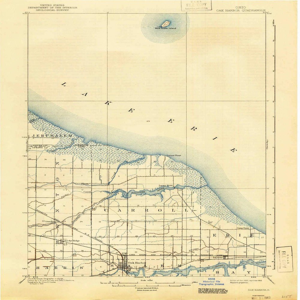 YellowMaps Oak Harbor OH topo map, 1:62500 Scale, 15 X 15 Minute, Historical, 1900, Updated 1943, 19.9 x 16.5 in - Polypropylene