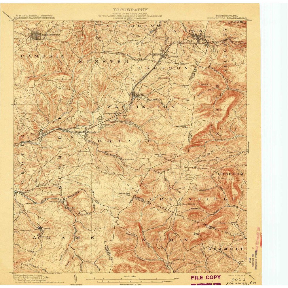 YellowMaps Ebensburg PA topo map, 1:62500 Scale, 15 X 15 Minute, Historical, 1904, Updated 1904, 19.9 x 16.5 in - Polypropylene
