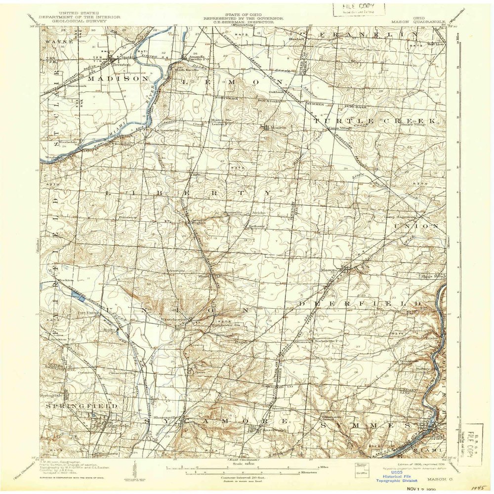 YellowMaps Mason OH topo map, 1:62500 Scale, 15 X 15 Minute, Historical, 1906, Updated 1939, 20 x 16.5 in - Polypropylene