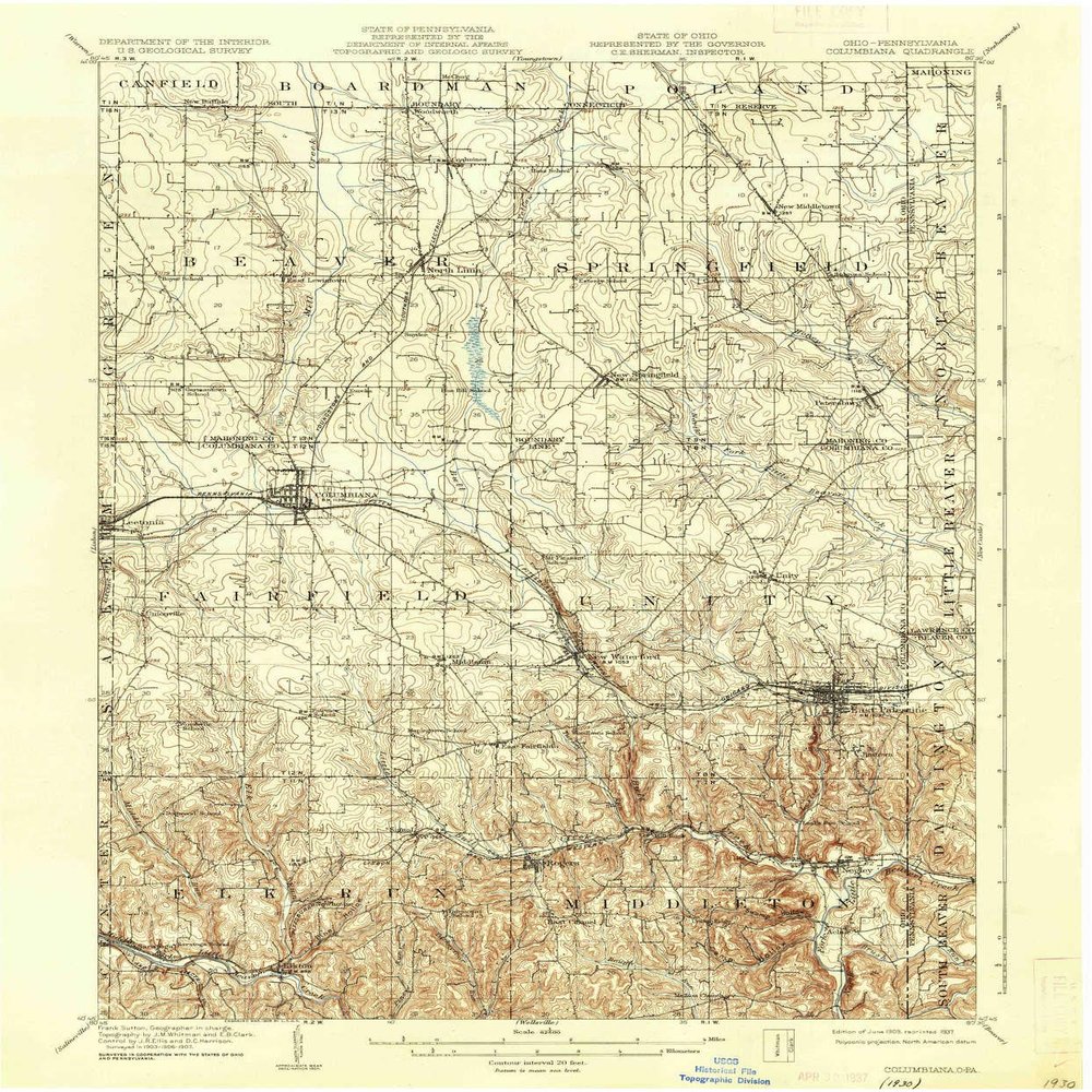 YellowMaps Columbiana OH topo map, 1:62500 Scale, 15 X 15 Minute, Historical, 1909, Updated 1937, 19.9 x 16.5 in - Polypropylene