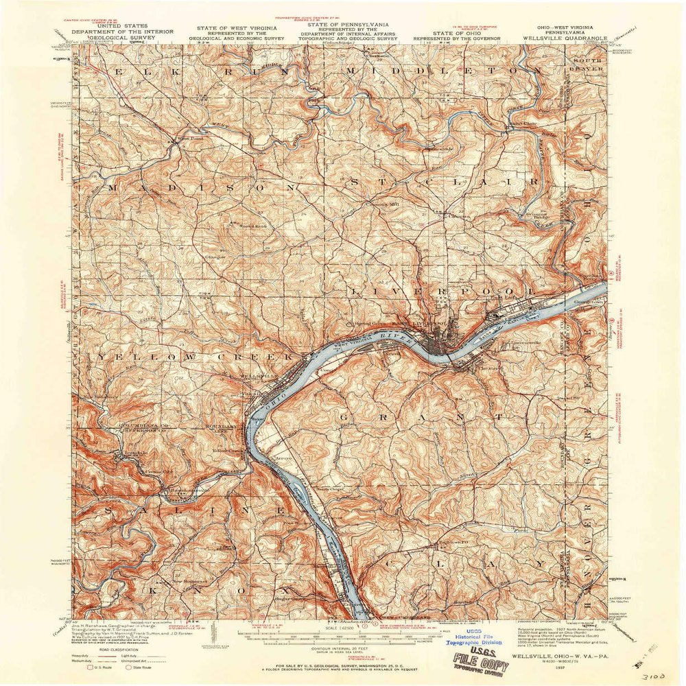 Wellsville OH topo map, 1:62500 Scale, 15 X 15 Minute, Historical, 1937, Updated 1960, 20.8 x 17.1 in - Polypropylene