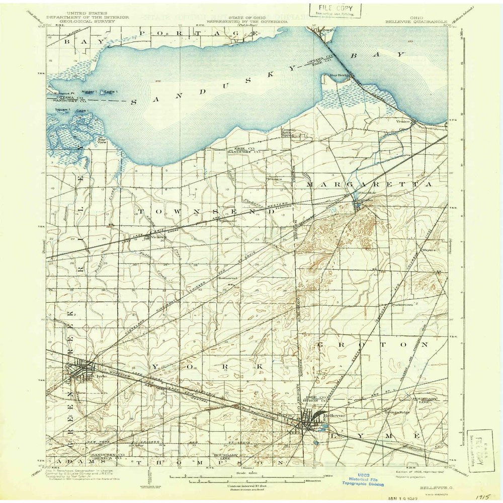 Bellevue OH topo map, 1:62500 Scale, 15 X 15 Minute, Historical, 1903, Updated 1942, 20 x 16.5 in - Polypropylene