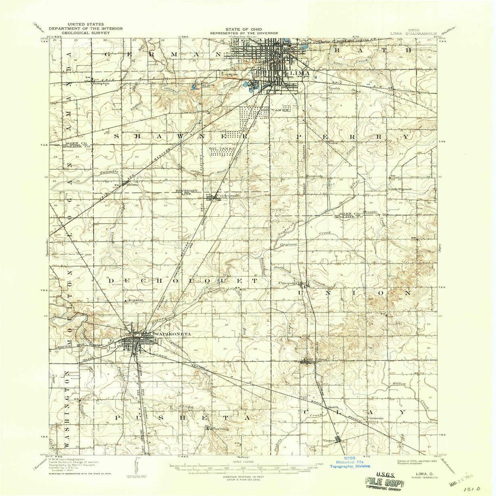 YellowMaps Lima OH topo map, 1:62500 Scale, 15 X 15 Minute, Historical, 1906, Updated 1943, 20.8 x 17 in - Polypropylene