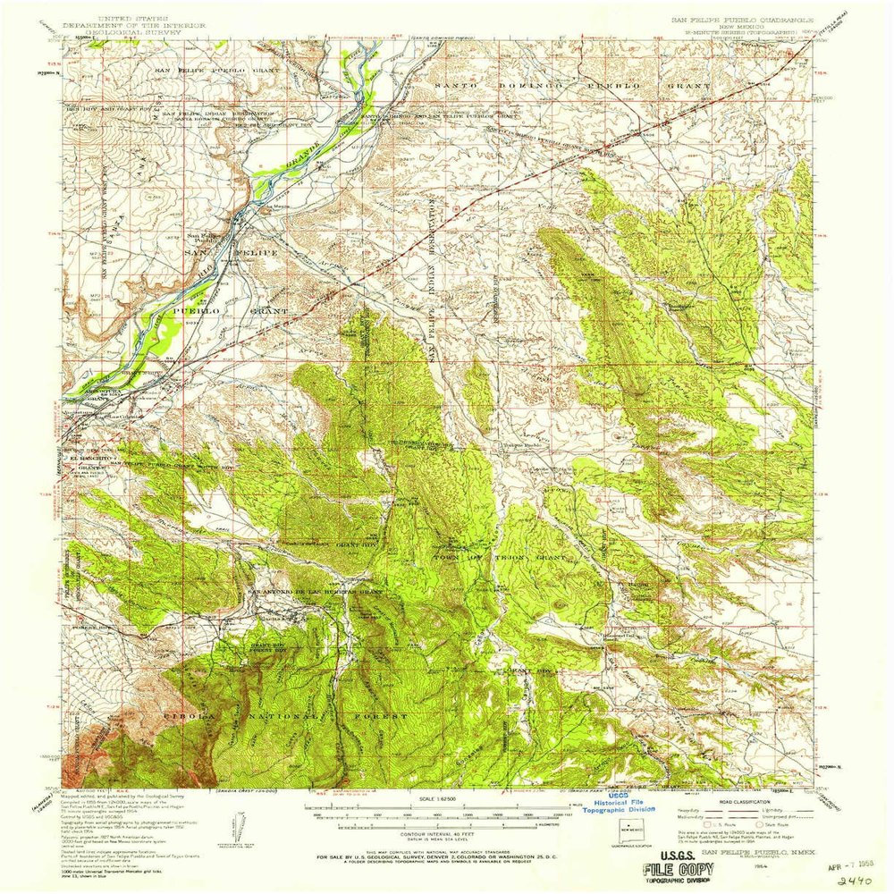 San Felipe Pueblo NM topo map, 1:62500 Scale, 15 X 15 Minute, Historical, 1954, Updated 1958, 20.9 x 17 in - Polypropylene