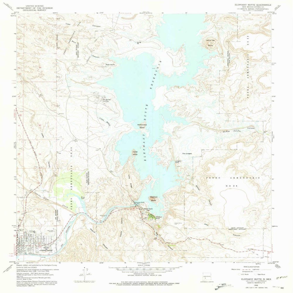 YellowMaps Elephant Butte NM topo map, 1:24000 Scale, 7.5 X 7.5 Minute, Historical, 1958, Updated 1975, 26.9 x 22 in - Polypropylene