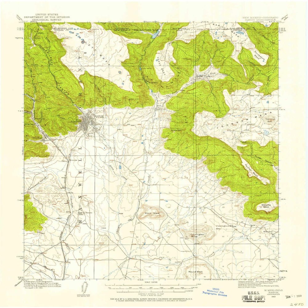 YellowMaps Raton NM topo map, 1:62500 Scale, 15 X 15 Minute, Historical, 1912, Updated 1958, 21 x 17 in - Polypropylene