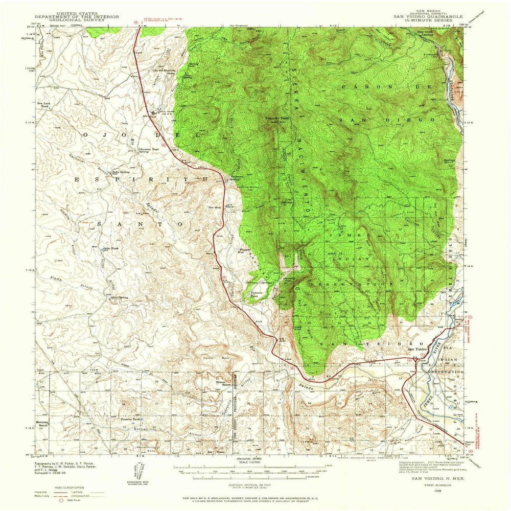 San Ysidro NM topo map, 1:62500 Scale, 15 X 15 Minute, Historical, 1939, Updated 1958, 20.9 x 17 in - Polypropylene