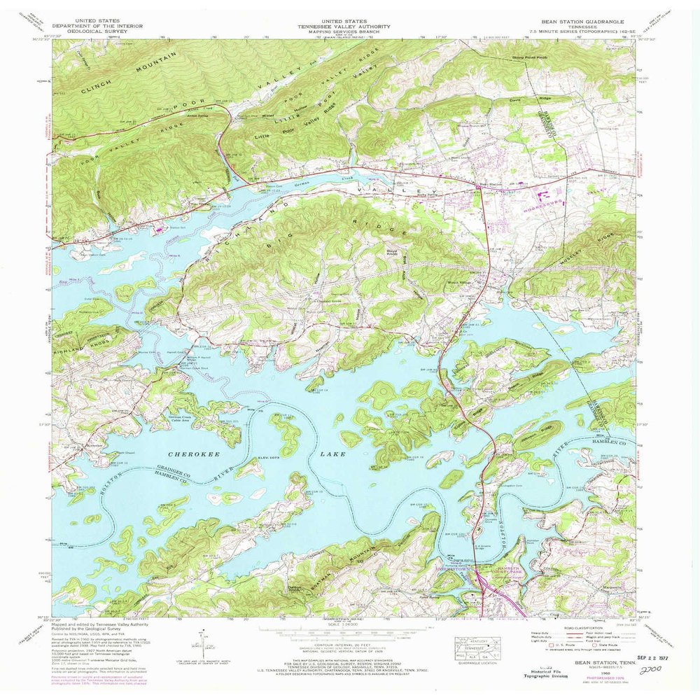 YellowMaps Bean Station TN topo map, 1:24000 Scale, 7.5 X 7.5 Minute, Historical, 1960, Updated 1977, 27.5 x 22 in - Polypropylene