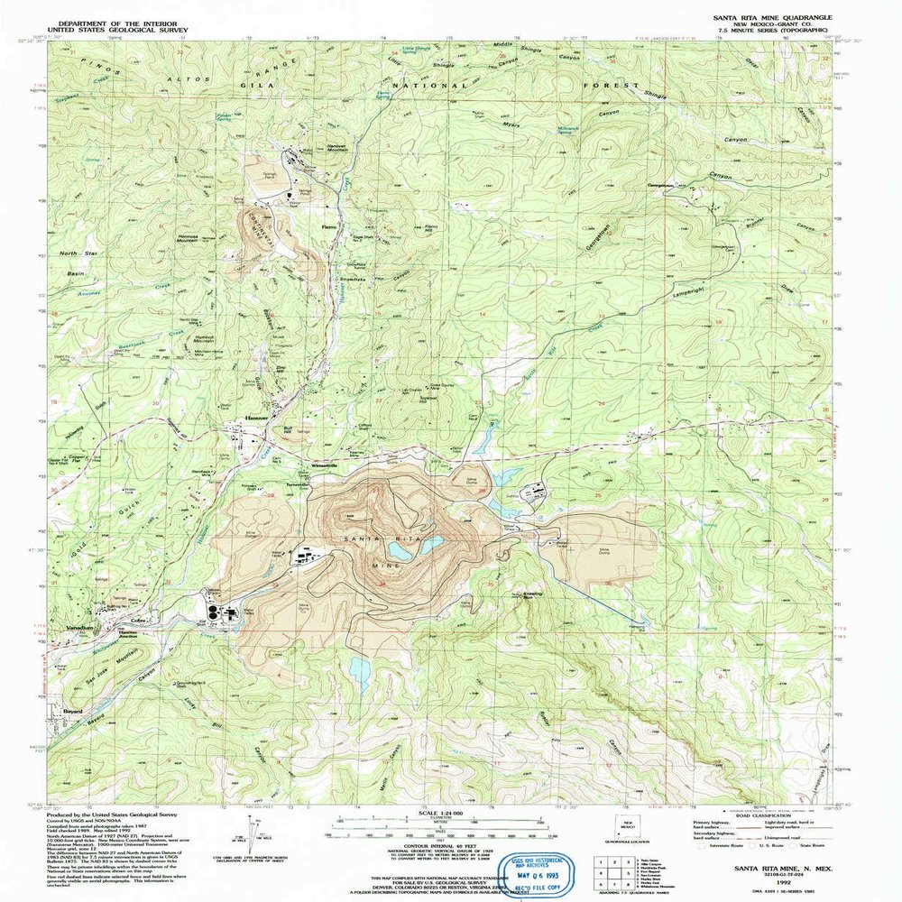 YellowMaps Santa Rita Mine NM topo map, 1:24000 Scale, 7.5 X 7.5 Minute, Historical, 1992, Updated 1992, 26.9 x 22.1 in - Tyvek