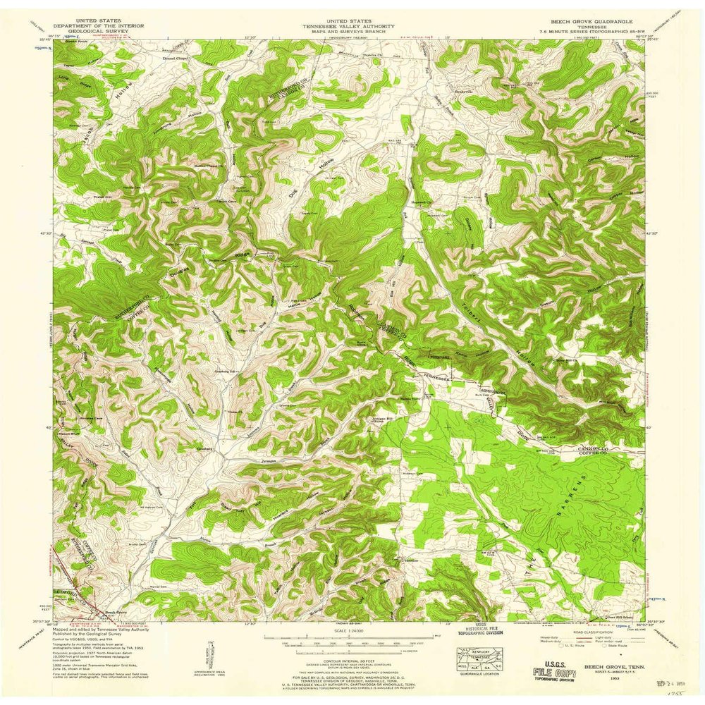 YellowMaps Beech Grove TN topo map, 1:24000 Scale, 7.5 X 7.5 Minute, Historical, 1953, Updated 1958, 27.5 x 22 in - Polypropylene