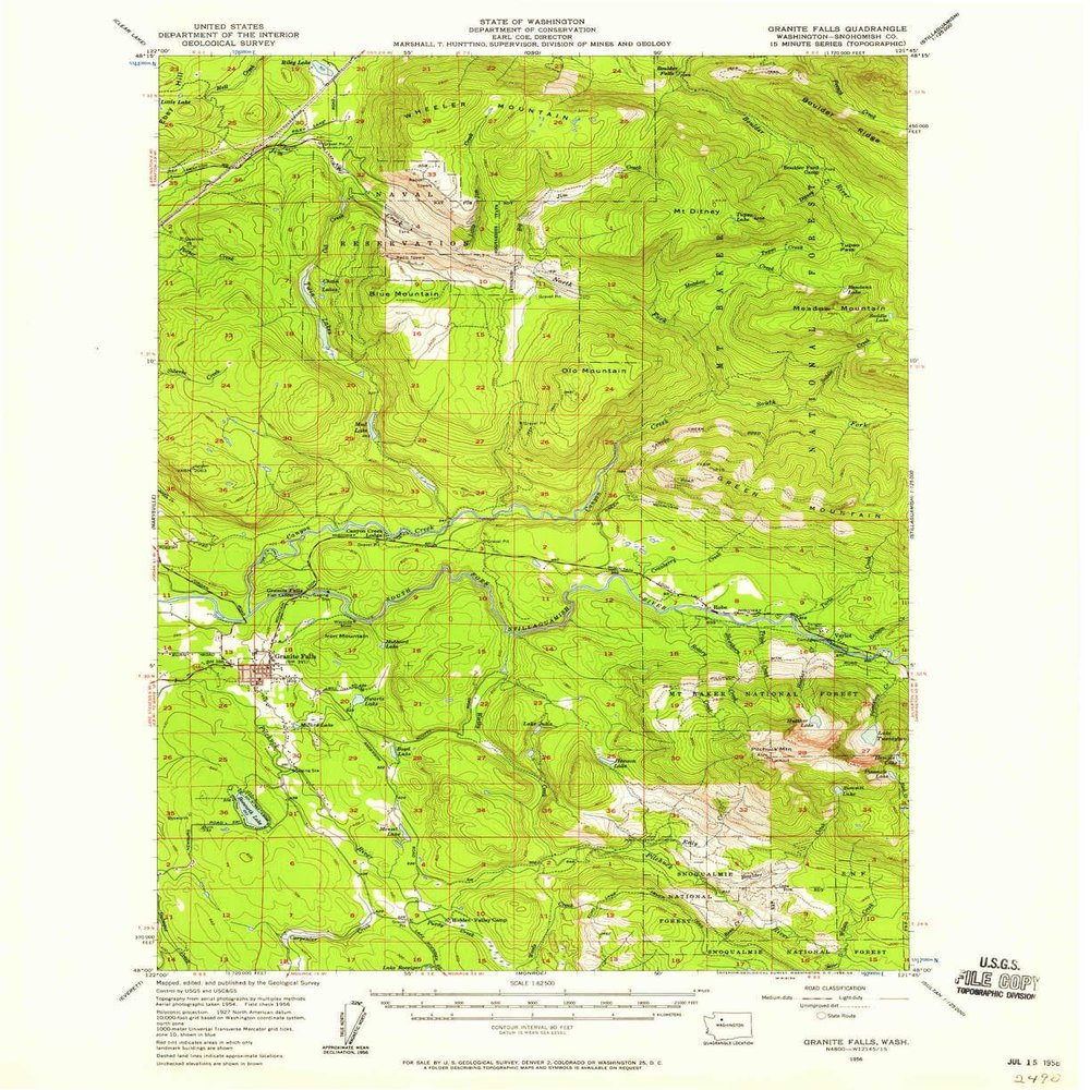 YellowMaps Granite Falls WA topo map, 1:62500 Scale, 15 X 15 Minute, Historical, 1956, Updated 1958, 20.9 x 17 in - Polypropylene