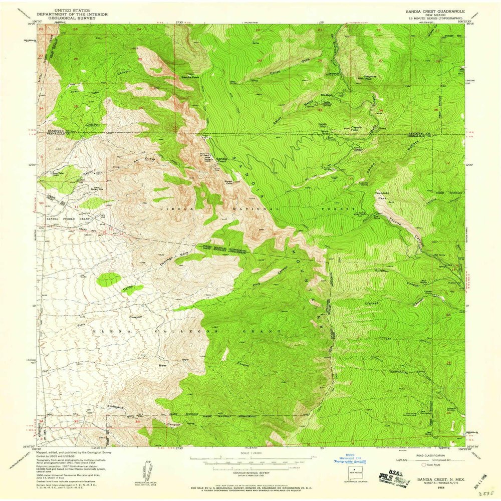 YellowMaps Sandia Crest NM topo map, 1:24000 Scale, 7.5 X 7.5 Minute, Historical, 1954, Updated 1959, 27 x 21.9 in - Polypropylene