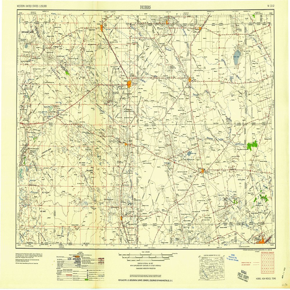 YellowMaps Hobbs NM topo map, 1:250000 Scale, 1 X 2 Degree, Historical, 1958, 22.1 x 34.1 in - Polypropylene