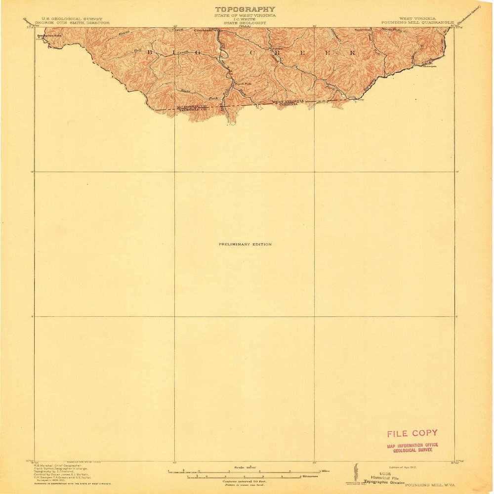 YellowMaps Pounding Mill VA topo map, 1:62500 Scale, 15 X 15 Minute, Historical, 1912, 19.9 x 16.5 in - Polypropylene
