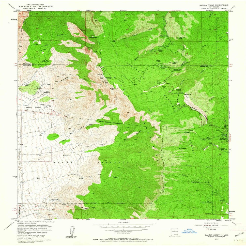 YellowMaps Sandia Crest NM topo map, 1:24000 Scale, 7.5 X 7.5 Minute, Historical, 1961, Updated 1962, 27 x 21.8 in - Polypropylene