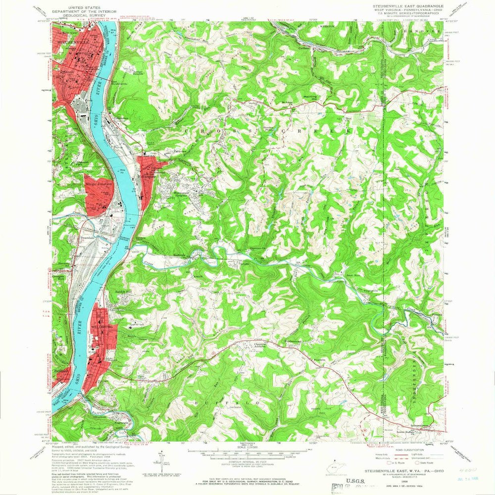 YellowMaps Steubenville East OH topo map, 1:24000 Scale, 7.5 X 7.5 Minute, Historical, 1958, Updated 1966, 26.8 x 22 in - Polypropylene