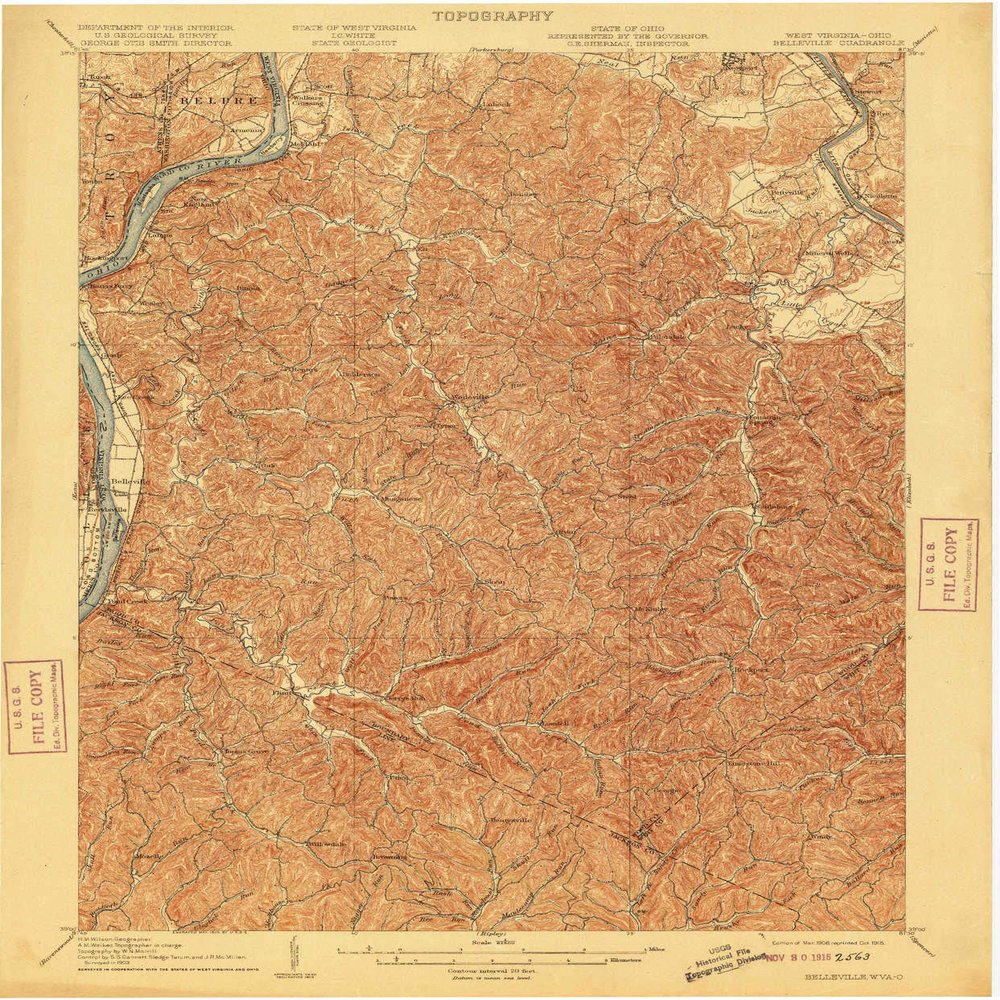 Belleville WV topo map, 1:62500 Scale, 15 X 15 Minute, Historical, 1906, Updated 1915, 19.9 x 16.5 in - Polypropylene