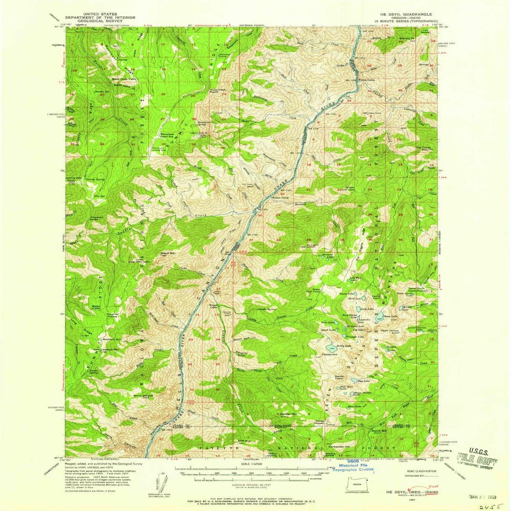 YellowMaps He Devil ID topo map, 1:62500 Scale, 15 X 15 Minute, Historical, 1957, Updated 1958, 20.8 x 16.9 in - Polypropylene