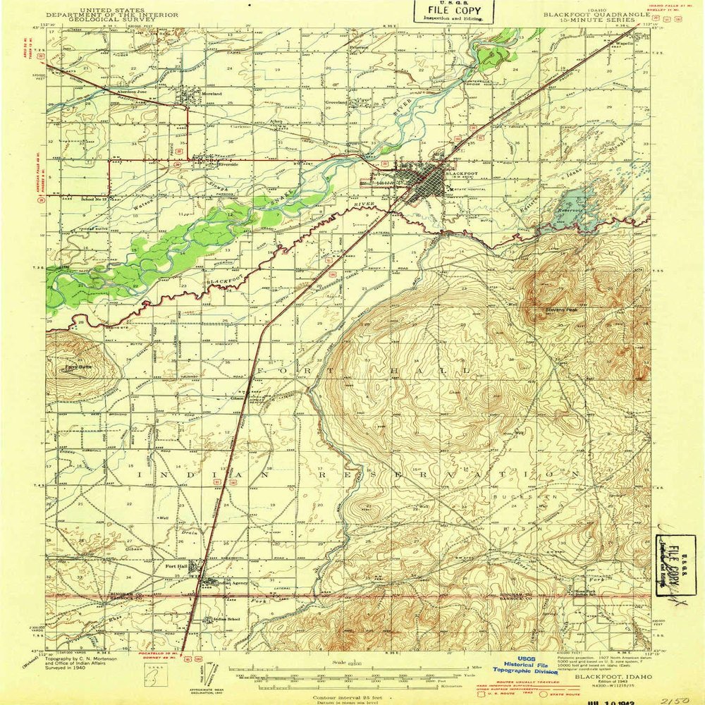 YellowMaps Blackfoot ID topo map, 1:62500 Scale, 15 X 15 Minute, Historical, 1943, 19.8 x 14.9 in - Polypropylene