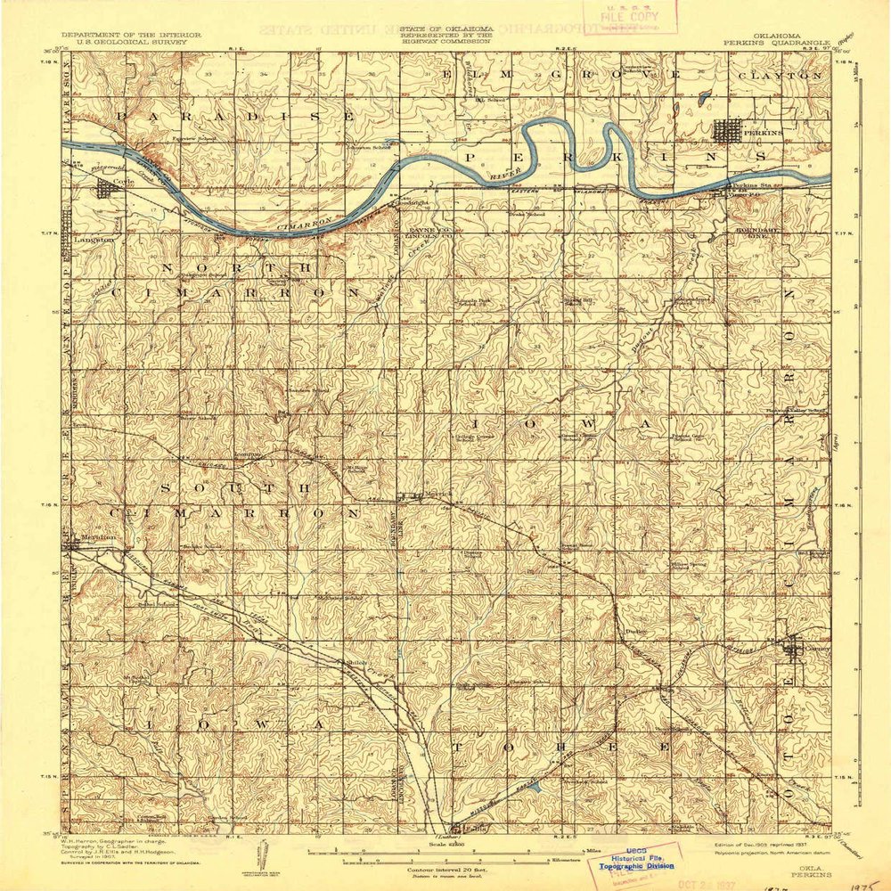 YellowMaps Perkins OK topo map, 1:62500 Scale, 15 X 15 Minute, Historical, 1909, Updated 1937, 19.9 x 16.5 in - Polypropylene