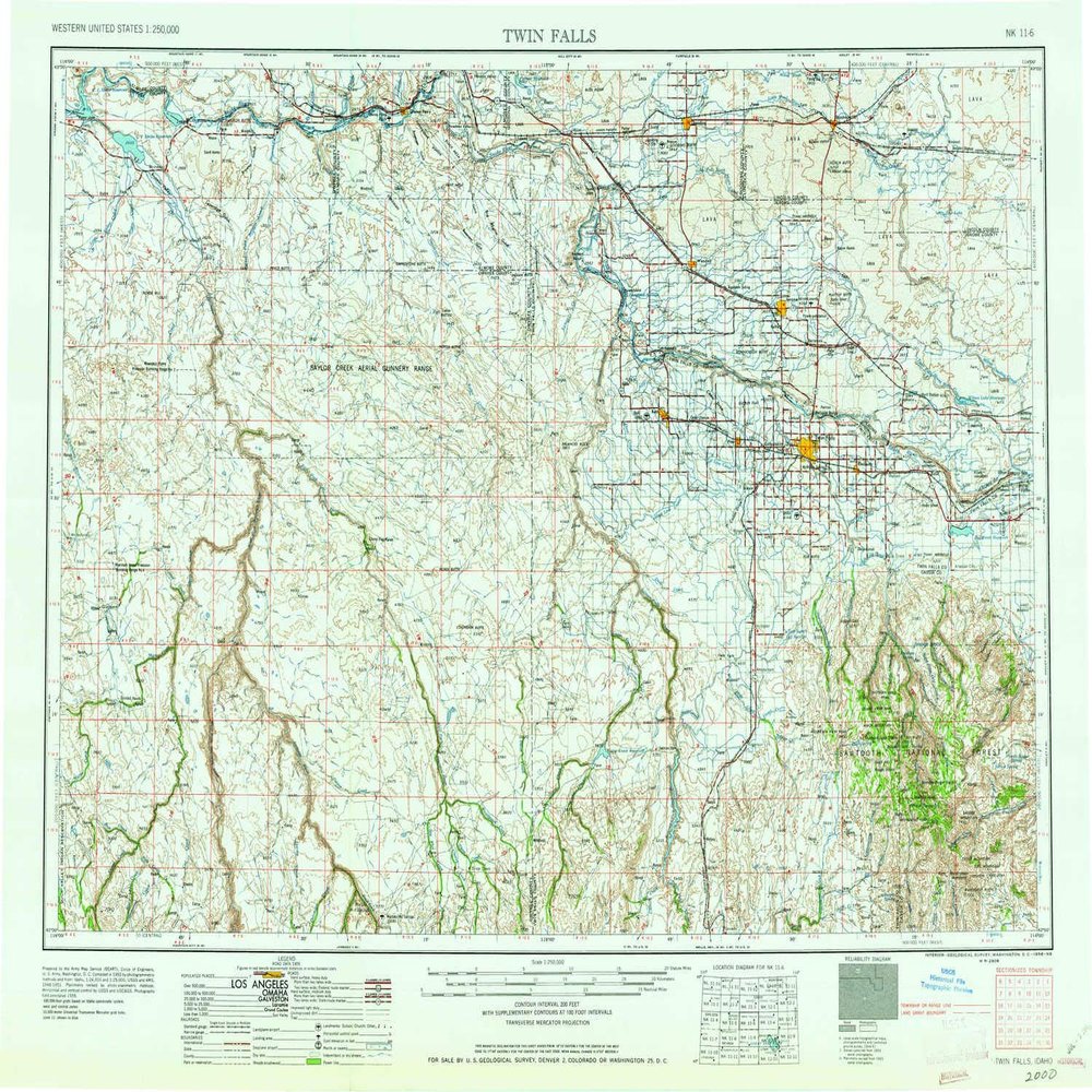 YellowMaps Twin Falls ID topo map, 1:250000 Scale, 1 X 2 Degree, Historical, 1958, 22.1 x 29.1 in - Polypropylene