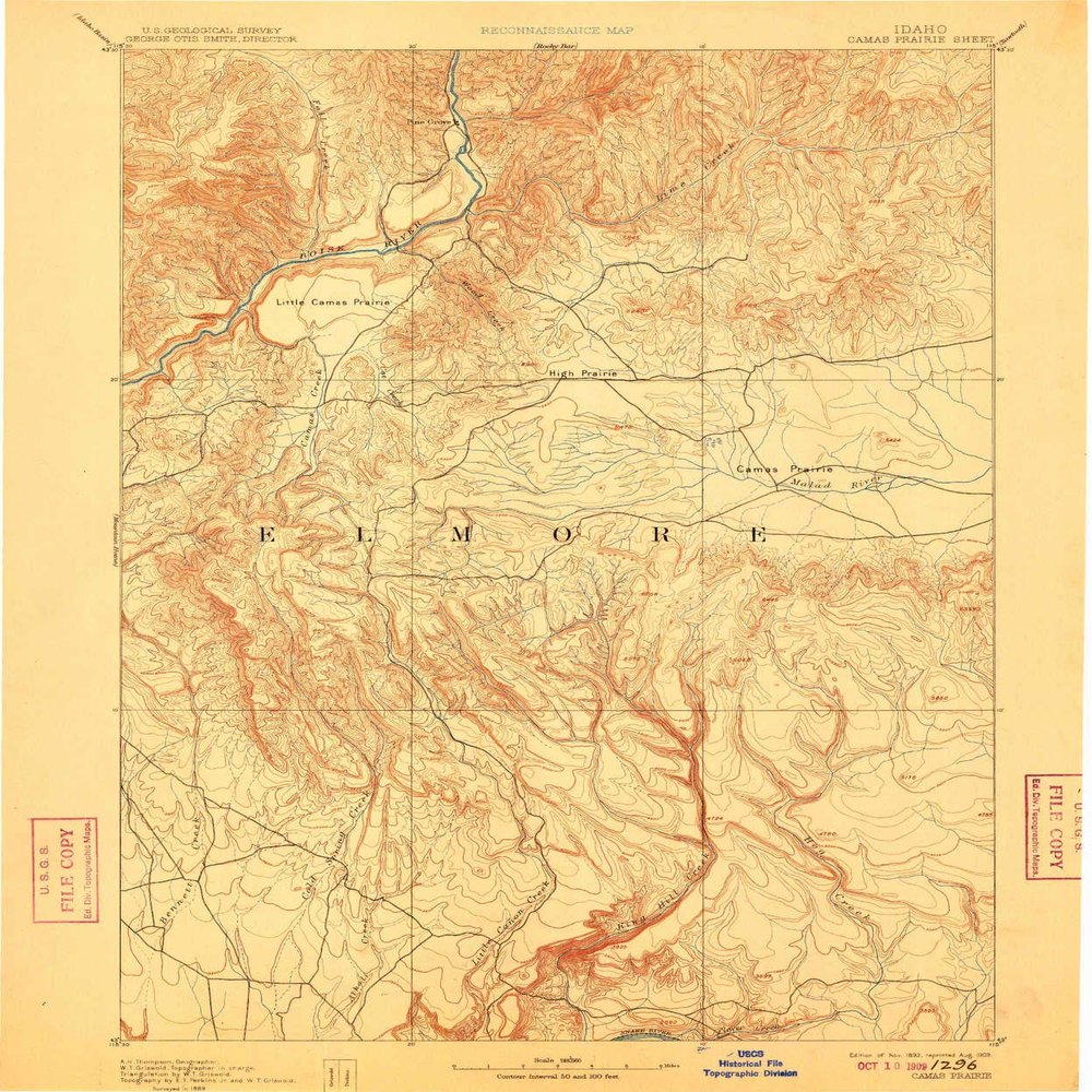 YellowMaps Camas Prairie ID topo map, 1:125000 Scale, 30 X 30 Minute, Historical, 1893, Updated 1909, 19.3 x 16 in - Polypropylene