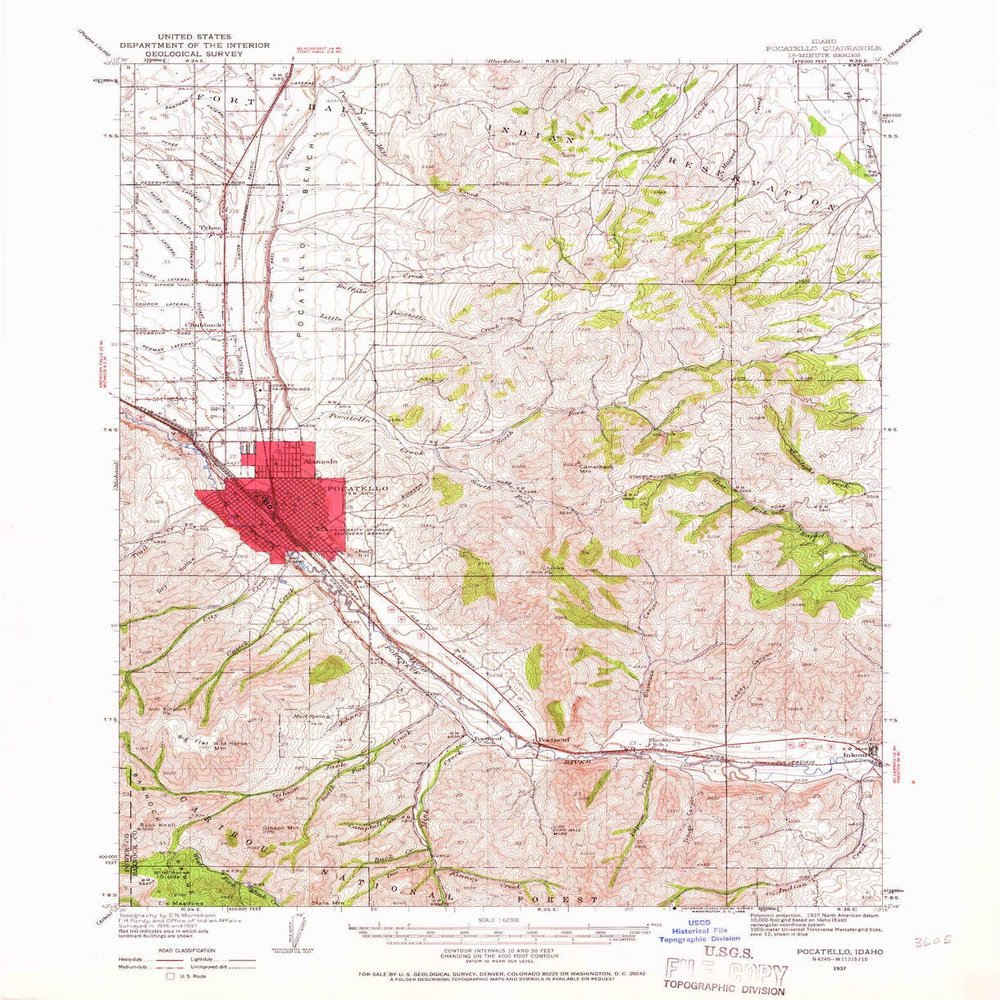 YellowMaps Pocatello ID topo map, 1:62500 Scale, 15 X 15 Minute, Historical, 1937, Updated 1966, 20.8 x 16.9 in - Polypropylene