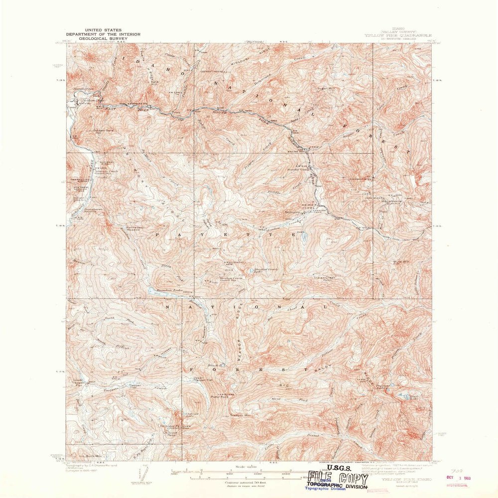 Yellow Pine ID topo map, 1:62500 Scale, 15 X 15 Minute, Historical, 1943, 20.9 x 16.9 in - Polypropylene