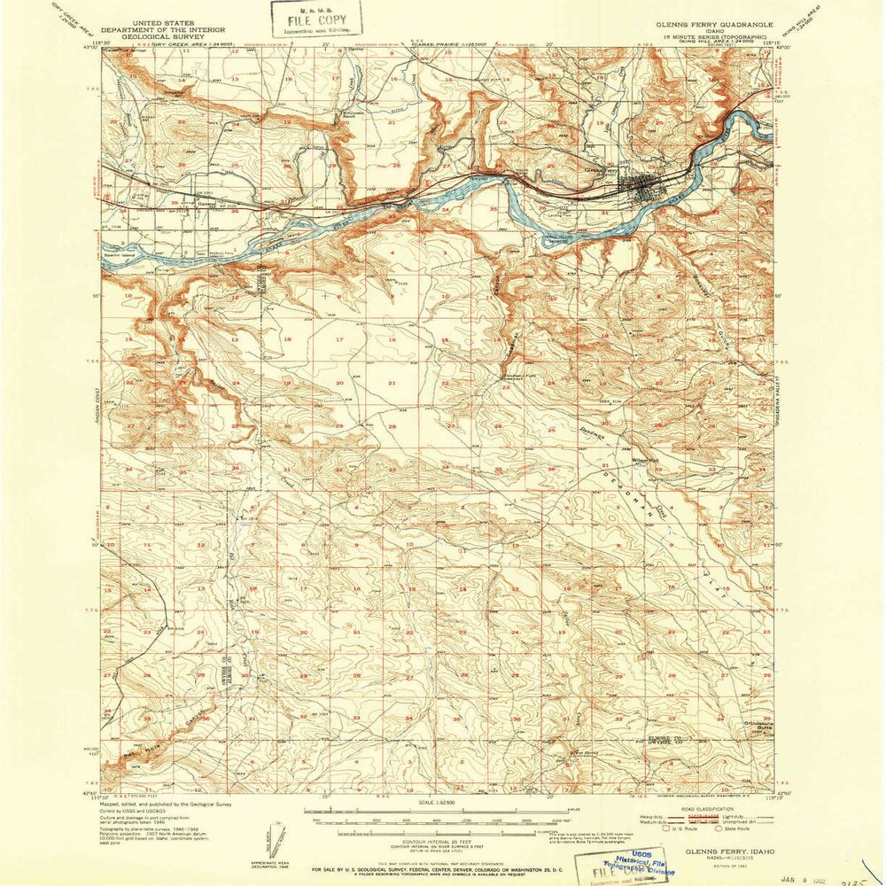 YellowMaps Glenns Ferry ID topo map, 1:62500 Scale, 15 X 15 Minute, Historical, 1951, 20.8 x 16.9 in - Polypropylene