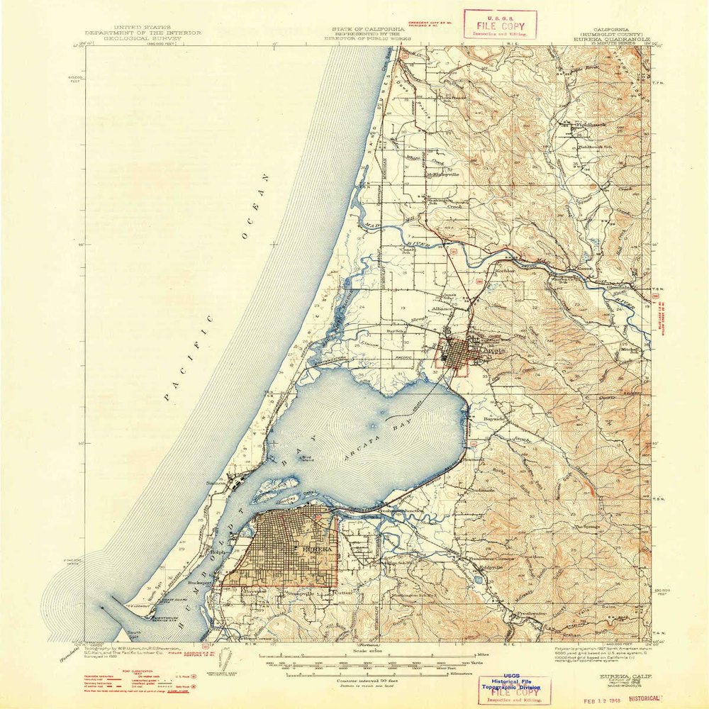 YellowMaps Eureka CA topo map, 1:62500 Scale, 15 X 15 Minute, Historical, 1942, Updated 1948, 20.8 x 16.6 in - Polypropylene