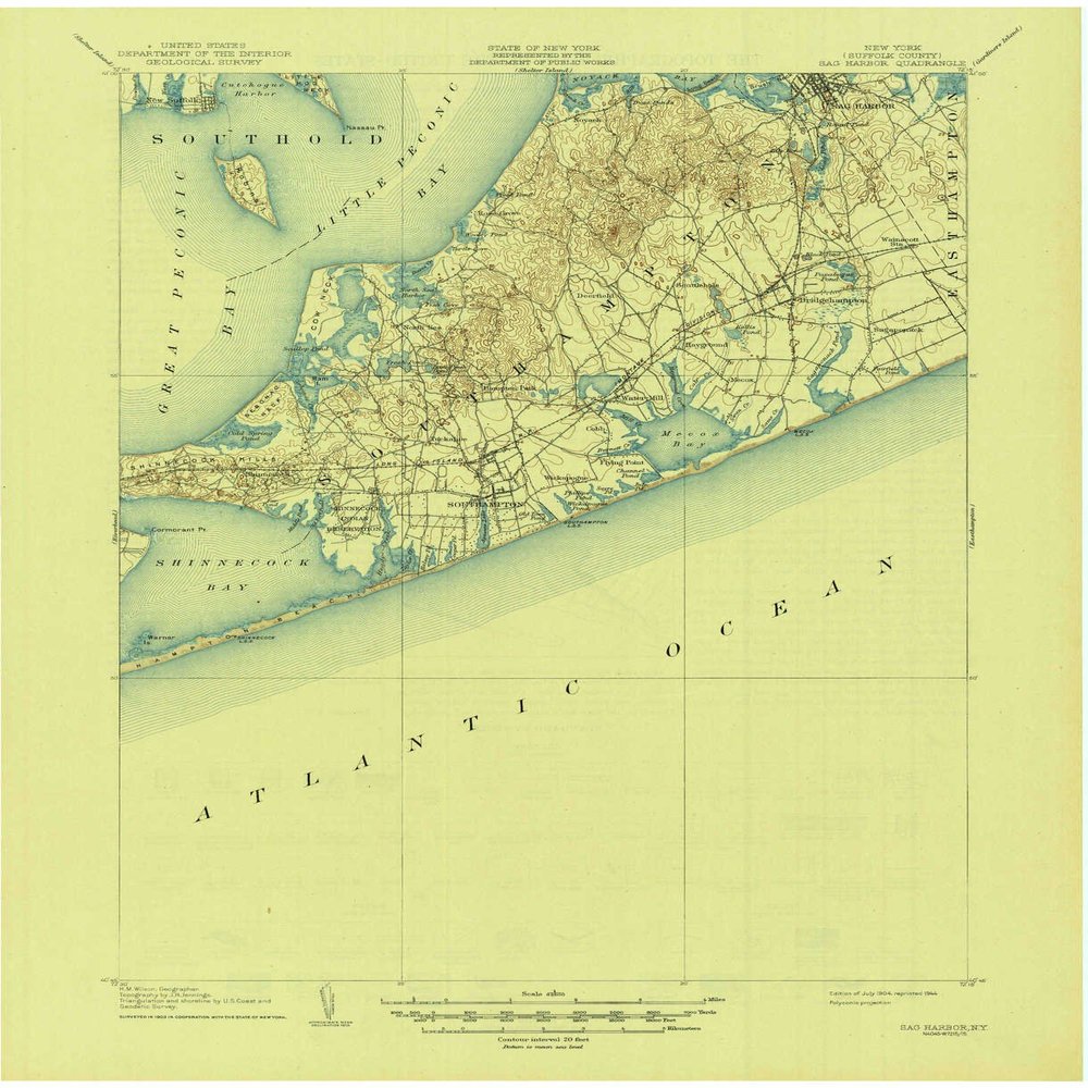 YellowMaps Sag Harbor NY topo map, 1:62500 Scale, 15 X 15 Minute, Historical, 1904, Updated 1944, 20.9 x 17 in - Polypropylene