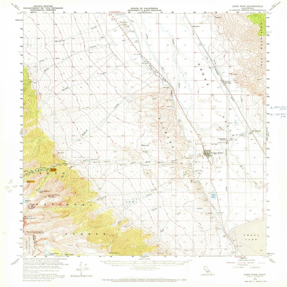 YellowMaps Lone Pine CA topo map, 1:62500 Scale, 15 X 15 Minute, Historical, 1958, Updated 1972, 20.7 x 16.6 in - Polypropylene