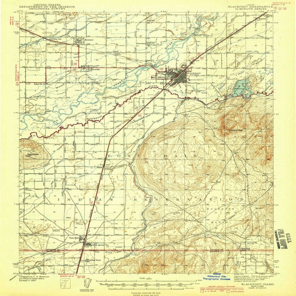 YellowMaps Blackfoot ID topo map, 1:62500 Scale, 15 X 15 Minute, Historical, 1943, 19.8 x 14.9 in - Polypropylene
