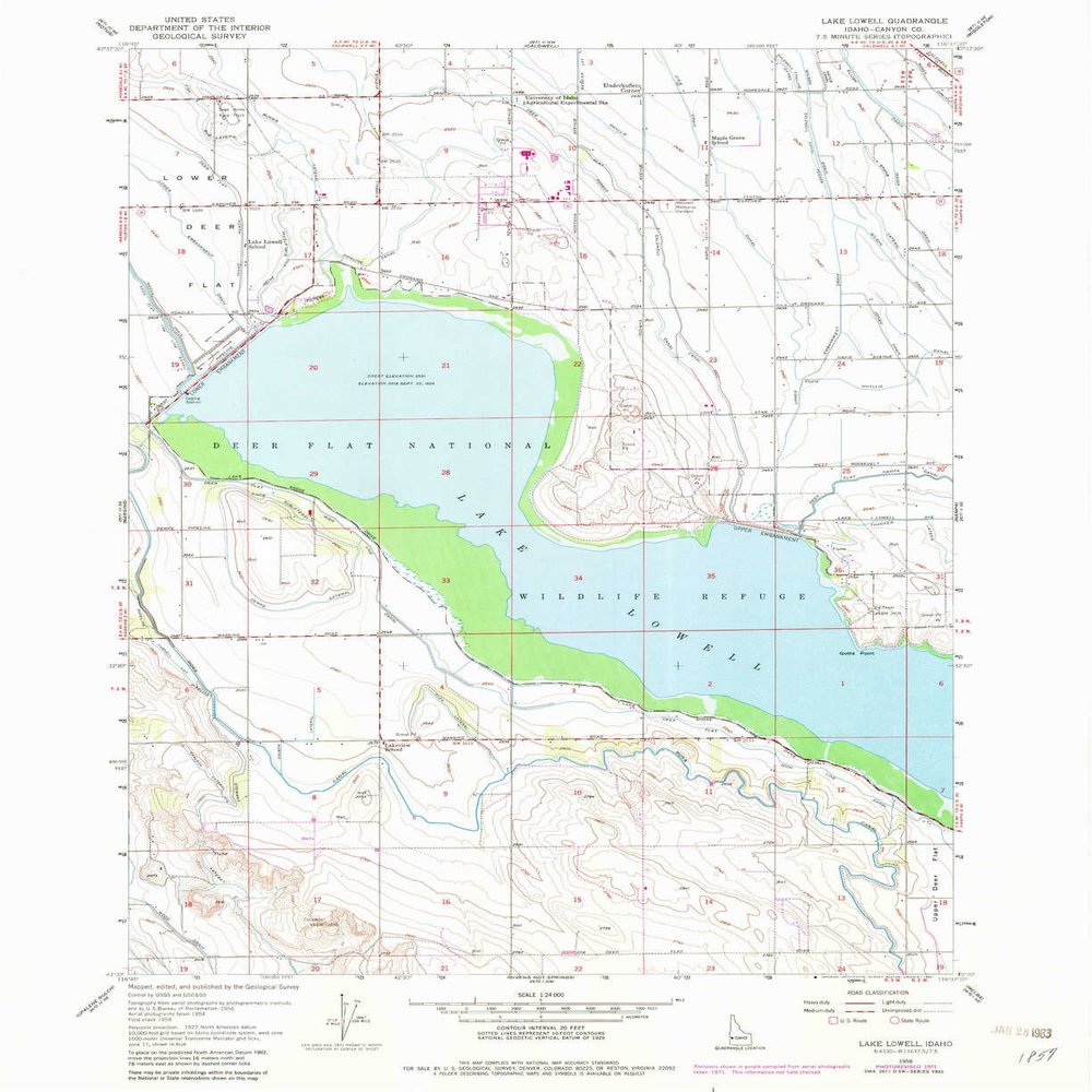Lake Lowell ID topo map, 1:24000 Scale, 7.5 X 7.5 Minute, Historical, 1958, Updated 1982, 26.9 x 22 in - Polypropylene