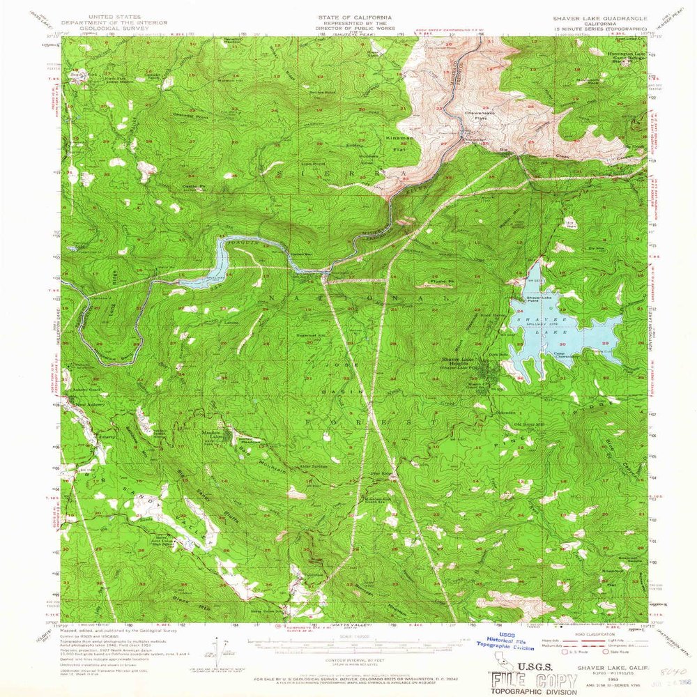 YellowMaps Shaver Lake CA topo map, 1:62500 Scale, 15 X 15 Minute, Historical, 1953, Updated 1966, 20.8 x 16.6 in - Polypropylene