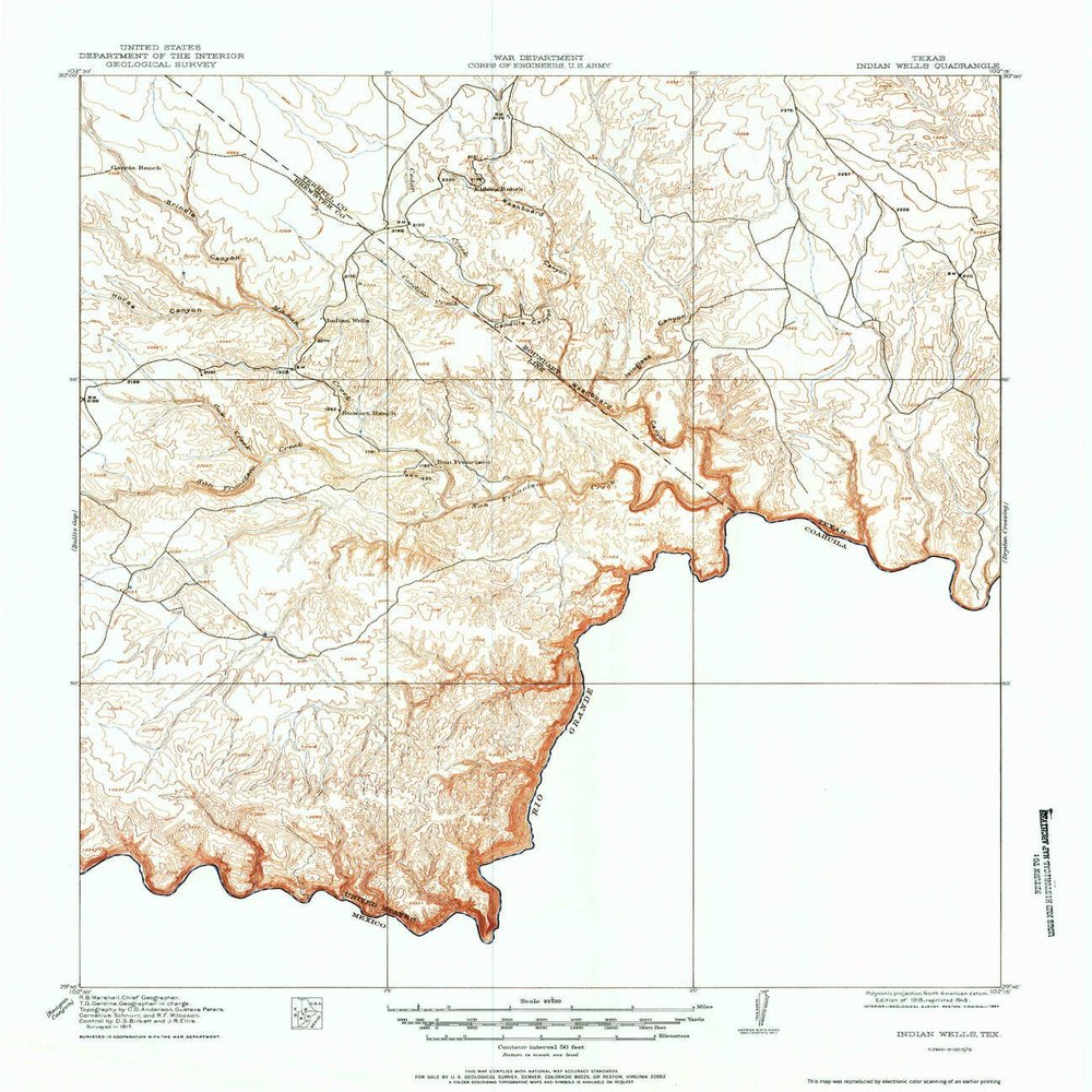 Indian Wells TX topo map, 1:62500 Scale, 15 X 15 Minute, Historical, 1918, Updated 1949, 20.9 x 18.1 in - Polypropylene