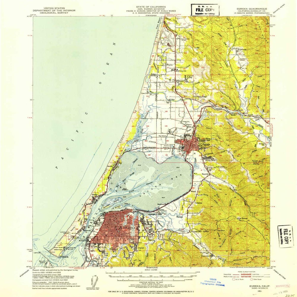 YellowMaps Eureka CA topo map, 1:62500 Scale, 15 X 15 Minute, Historical, 1951, Updated 1953, 20.7 x 16.6 in - Polypropylene