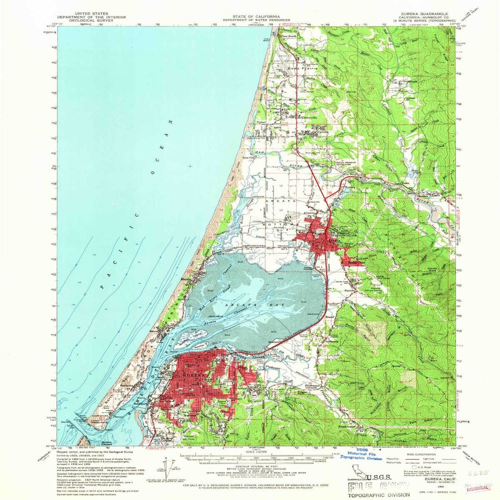 YellowMaps Eureka CA topo map, 1:62500 Scale, 15 X 15 Minute, Historical, 1959, Updated 1966, 20.8 x 16.7 in - Polypropylene