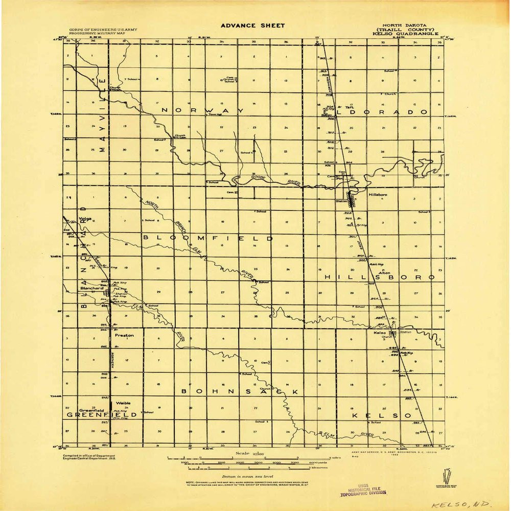 Kelso ND topo map, 1:62500 Scale, 15 X 15 Minute, Historical, 1943, 21.9 x 15.9 in - Polypropylene