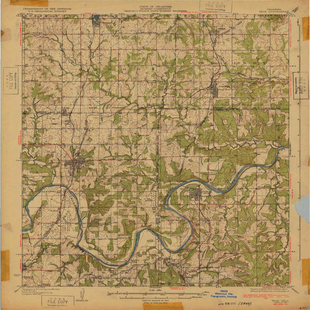 Yale OK topo map, 1:62500 Scale, 15 X 15 Minute, Historical, 1932, 19.9 x 16.5 in - Polypropylene