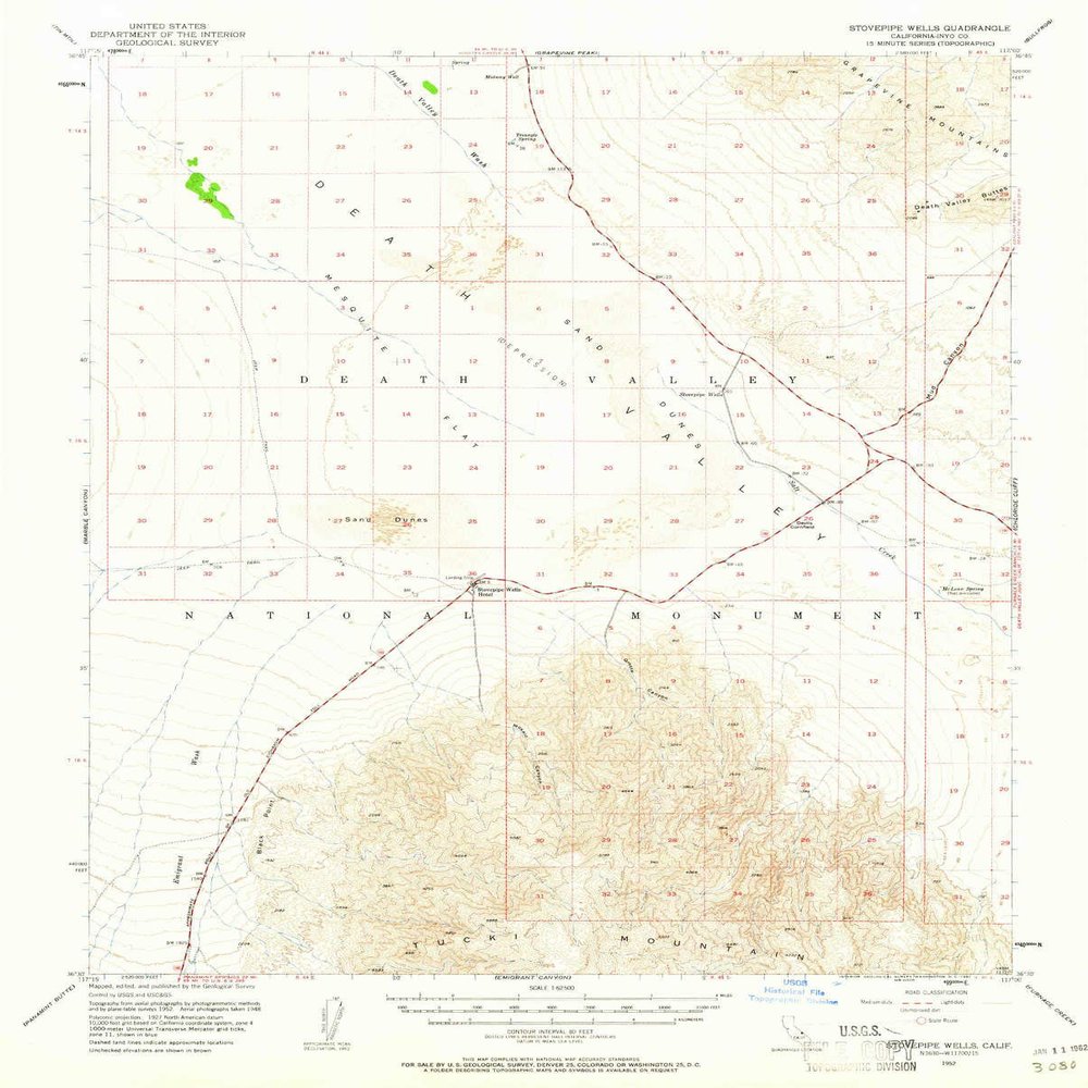 Stovepipe Wells CA topo map, 1:62500 Scale, 15 X 15 Minute, Historical, 1952, Updated 1961, 20.7 x 16.6 in - Polypropylene