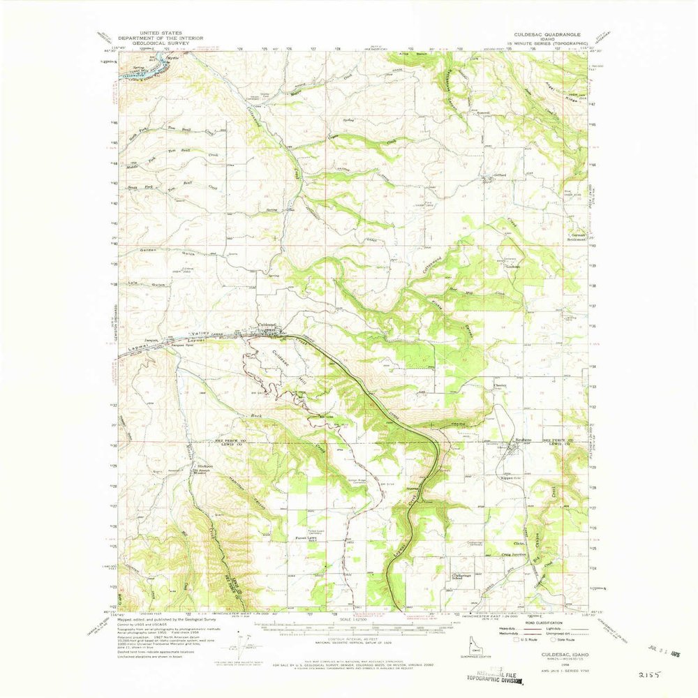 YellowMaps Culdesac ID topo map, 1:62500 Scale, 15 X 15 Minute, Historical, 1958, Updated 1975, 21.8 x 18 in - Polypropylene